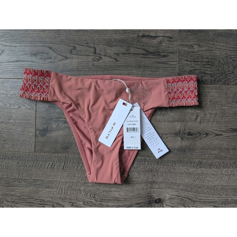 NWT Pilyq L Swim Ruched Back Cheeky Embroidered Dusty Pink Bikini Bottoms